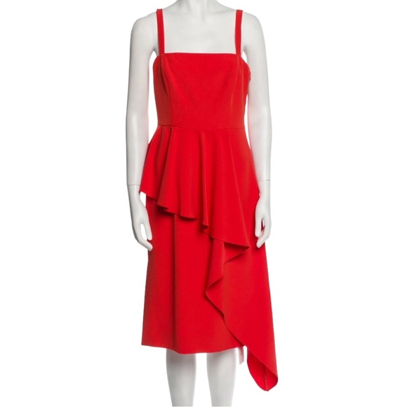 Milly Red Sleeveless A-Line Dress Square Neck Peplum Asymmetrical Ruffle Size 6 - Picture 1 of 13